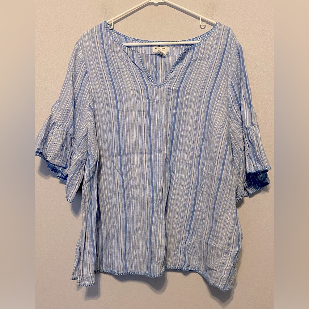 Artisan NY Women’s 100% Linen Size 1X Boho Tunic Top V-Neck Bell Sleeve